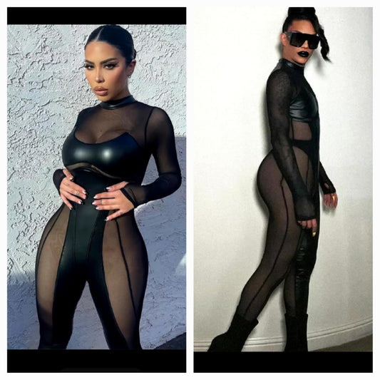 Black Mesh Faux Leather Jumpsuit