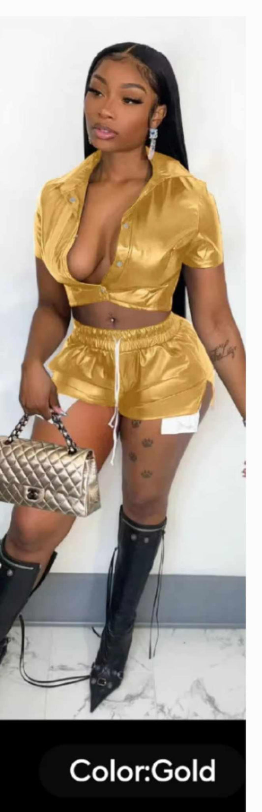 Short Sleeve Metallic Short Set