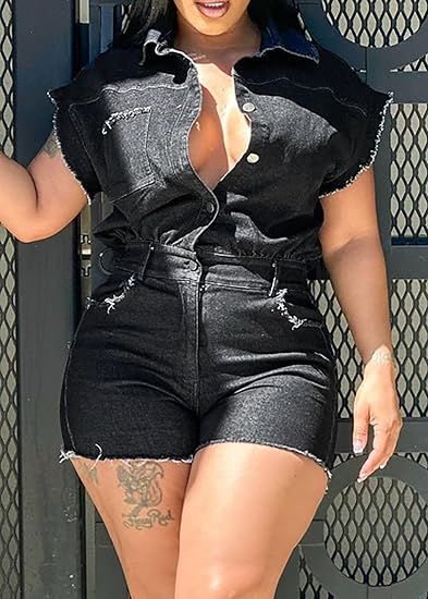 Denim Black Raw Hem Romper