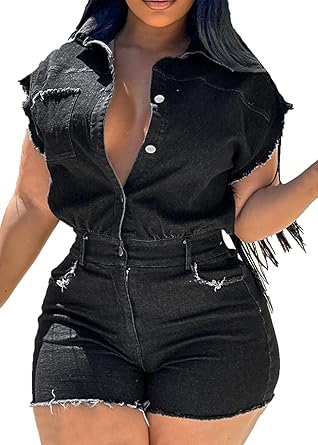 Denim Black Raw Hem Romper