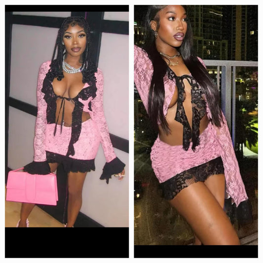 Pink Skirt Set with Black Trim Lace