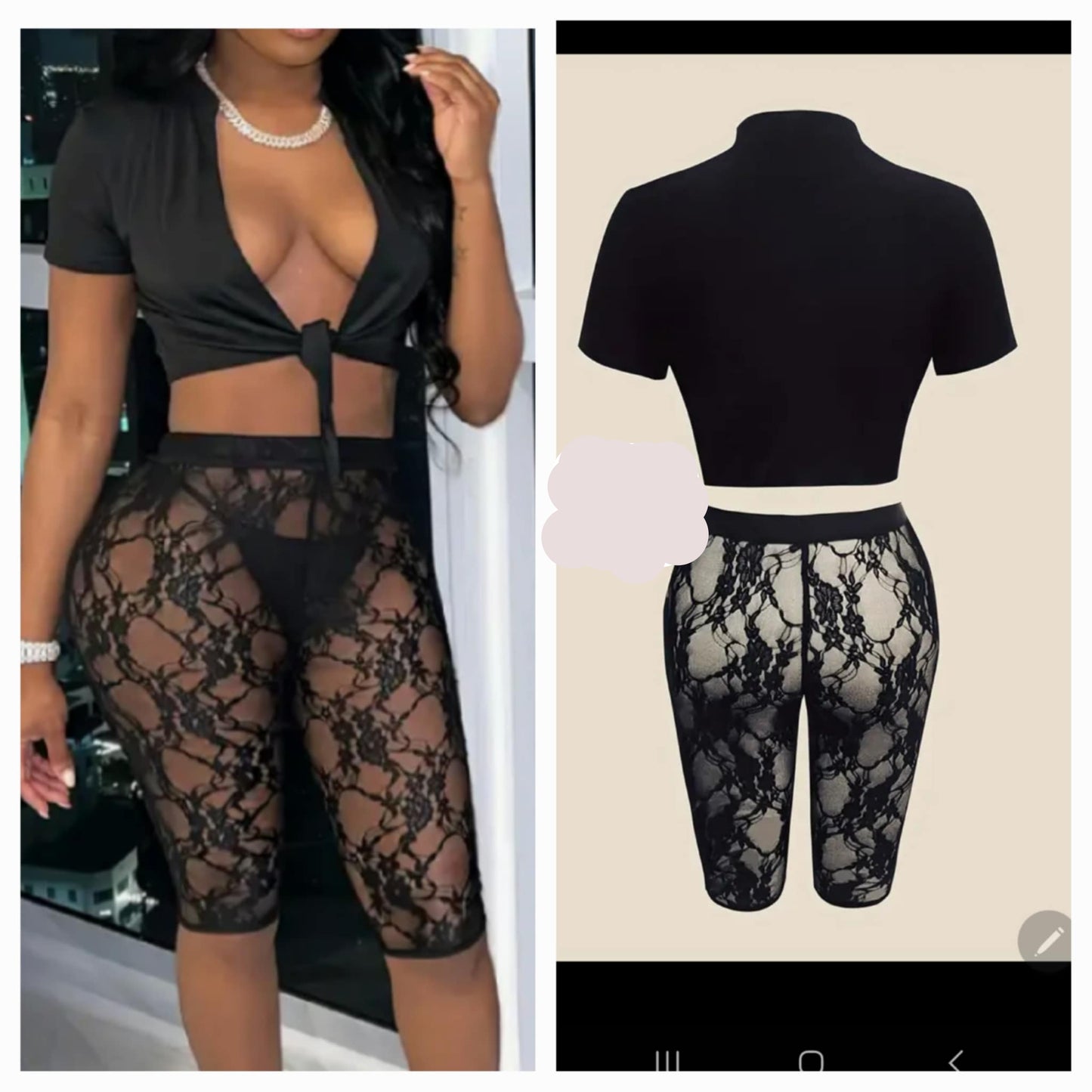 Tie Crop Top Lace Pant Set