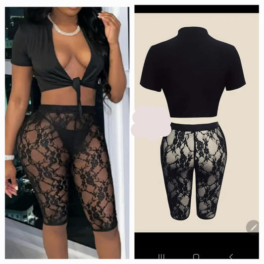 Tie Crop Top Lace Pant Set