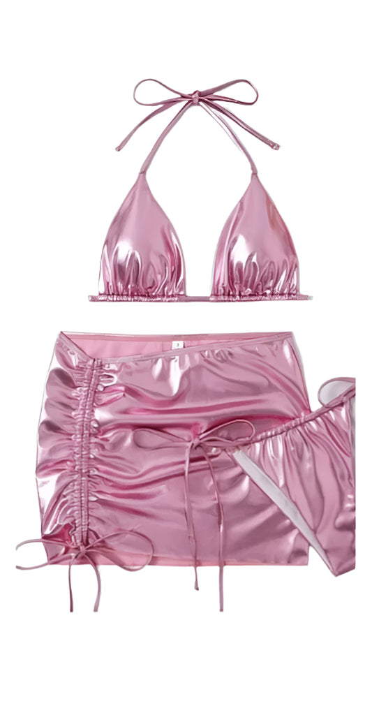 3PC Metallic Pink Bikini Set