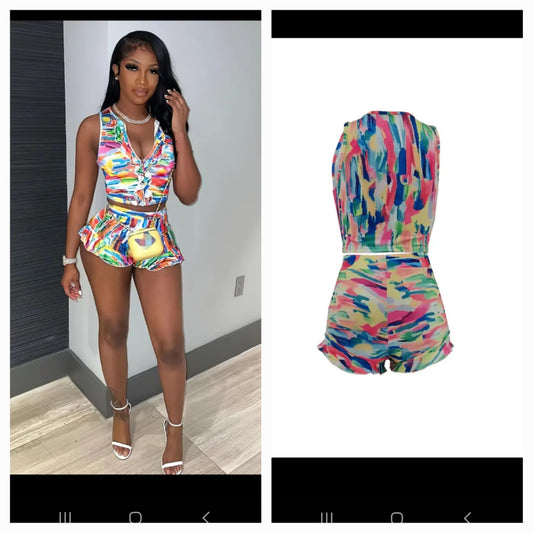 Multi Color Ruffle Short Set