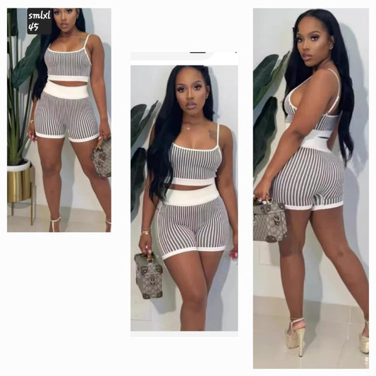 2Pc Brown Pinstrip Short Set