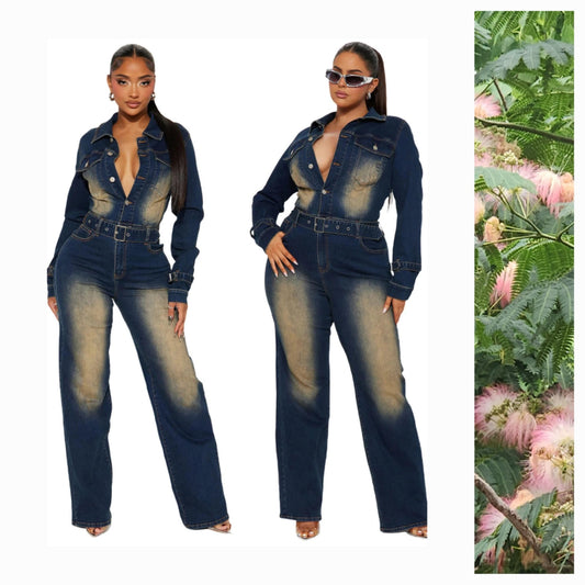 Denim Belted Distressed Jumpsuit
