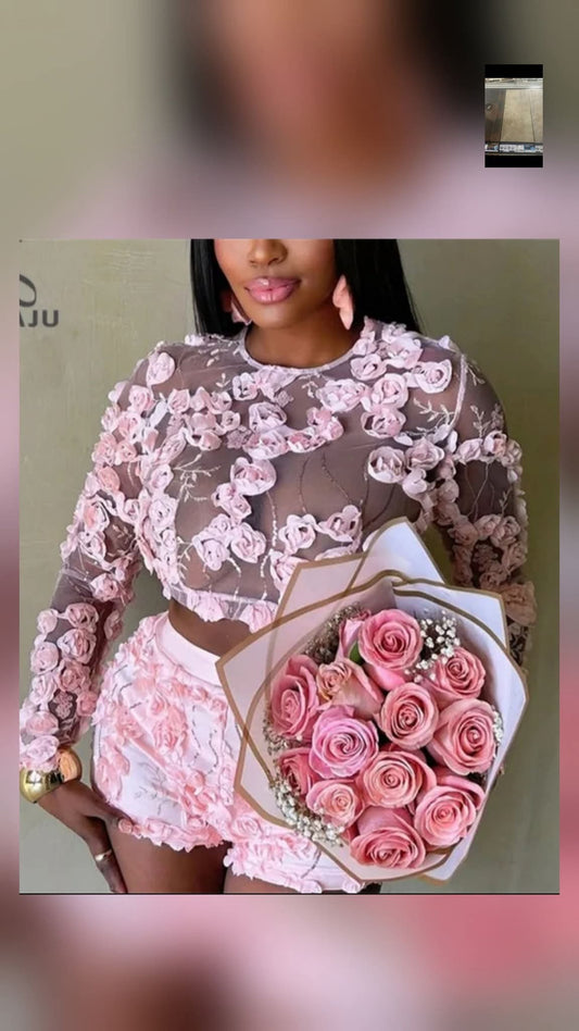 Embossed Pink Flower Short short Set