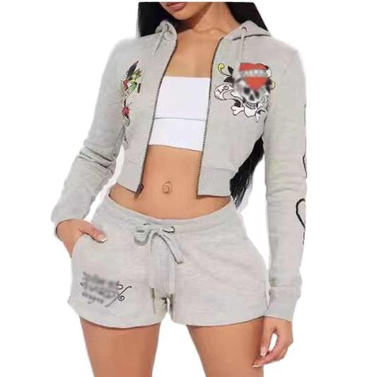 Chill Set Skull Print Zipper Hoodie with Drawstring Matching Shorts Set