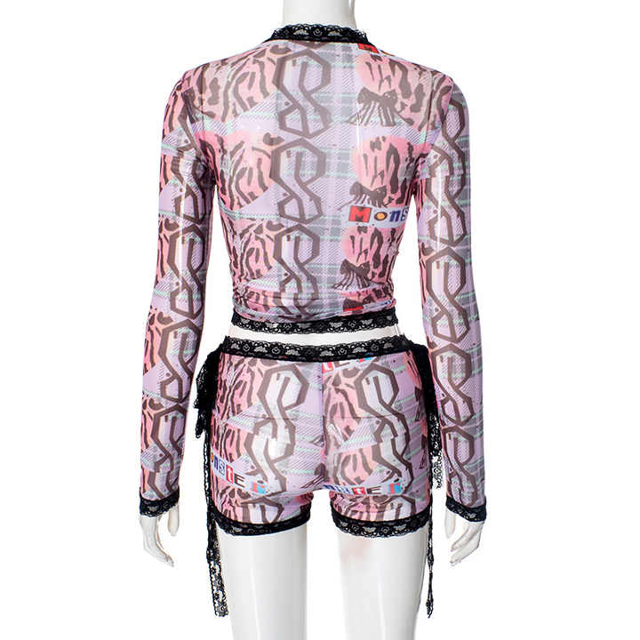 Long Sleeve Lace Trim Short set
