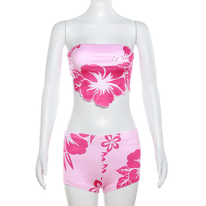 2PC Floral Tube Top Short Set Colors: Pink or Brown