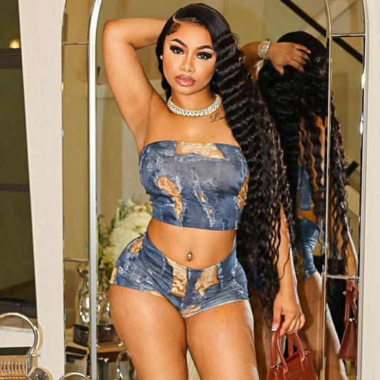Faux Denim Short Set