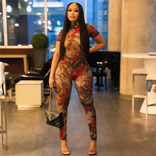 Mesh Oriental Design Jumpsuit