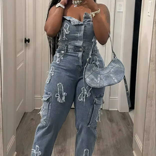 Distressed Strapless Denim Jumpsuit