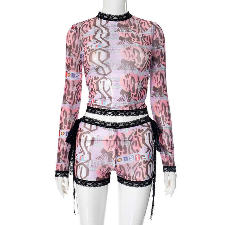 Long Sleeve Lace Trim Short set