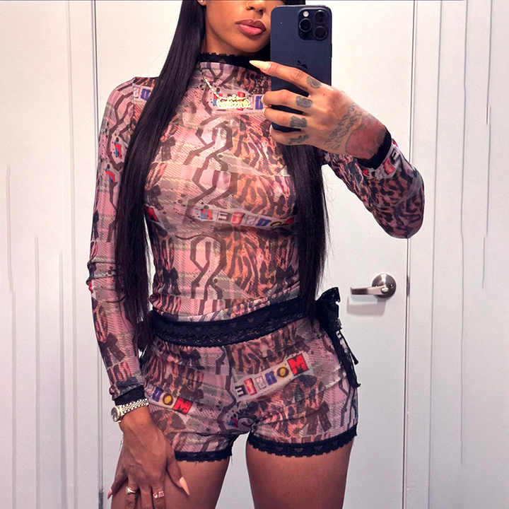 Long Sleeve Lace Trim Short set