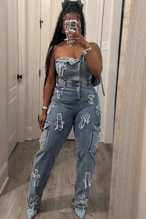 Distressed Strapless Denim Jumpsuit