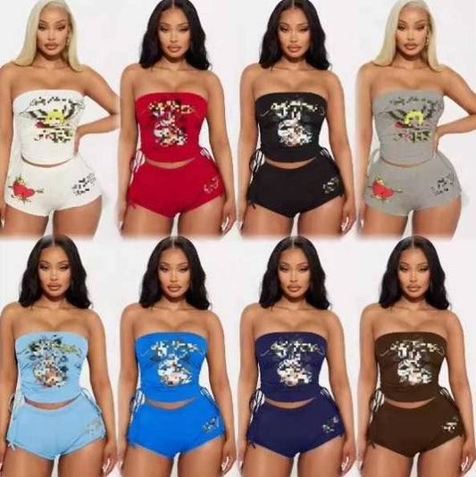 Multiple Colors - Chill Set Graphic 2 pc tube top short set