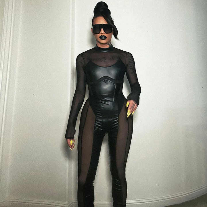 Black Mesh Faux Leather Jumpsuit