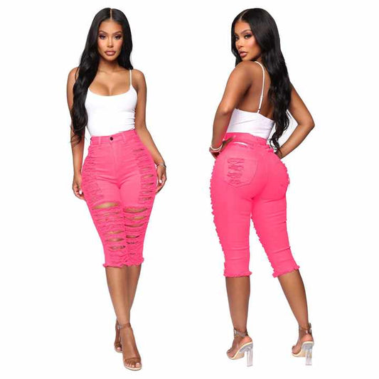 Women's Hot Pink Distressed Capri Jeans