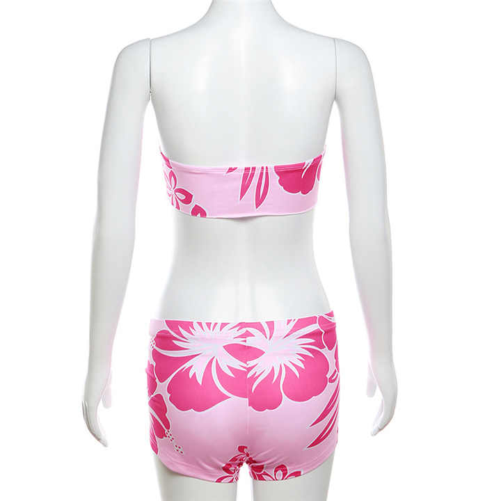 2PC Floral Tube Top Short Set Colors: Pink or Brown