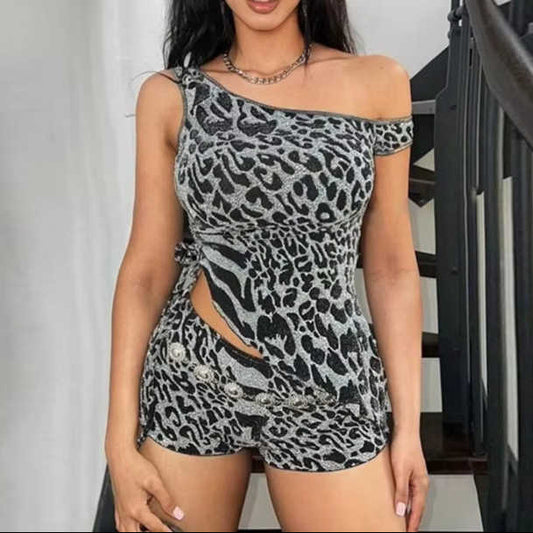 Off Shoulder animal print short set