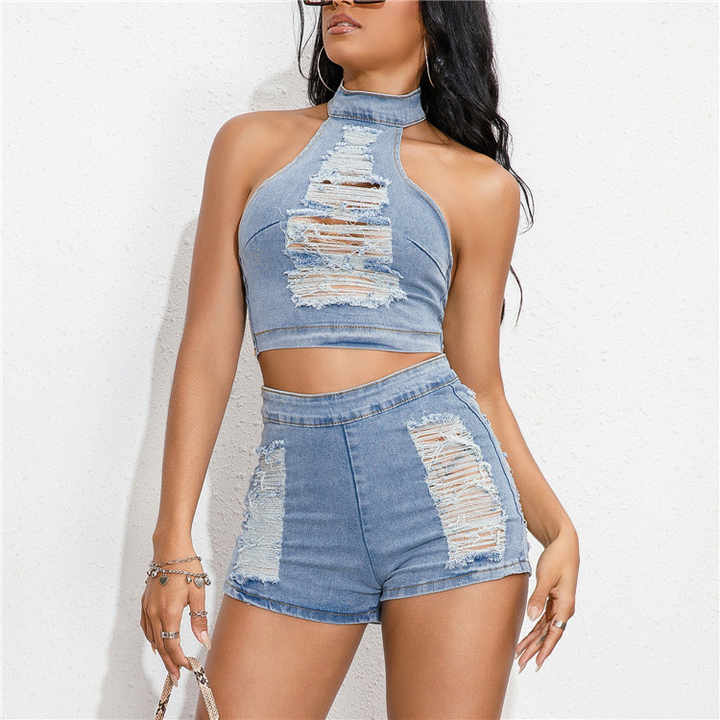 2PC Short Set Distressed Denim
