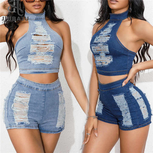 2PC Short Set Distressed Denim