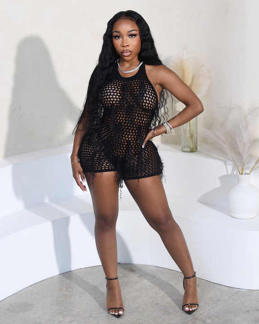 Net Tassel Romper - Black or Pink
