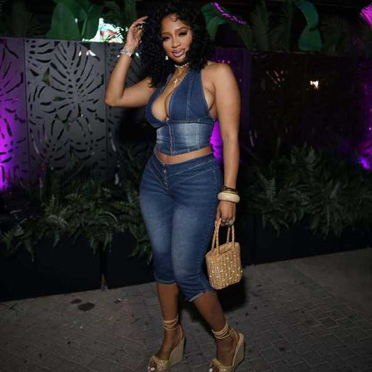 Denim Vest Capri Set