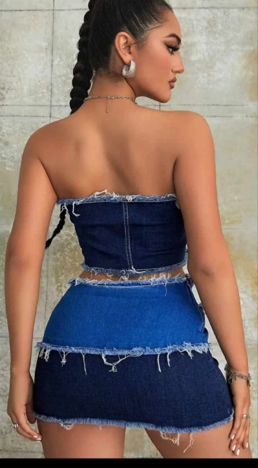 Denim two-tone belted top skirt set