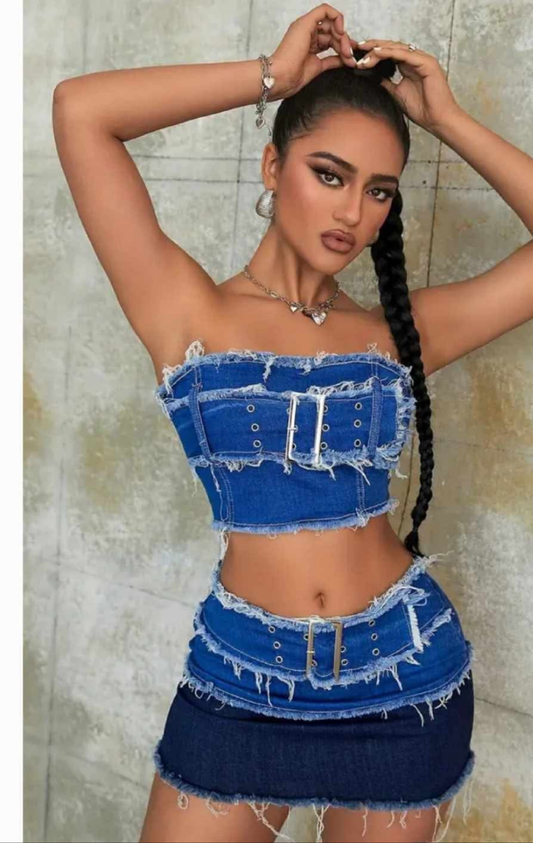 Denim two-tone belted top skirt set