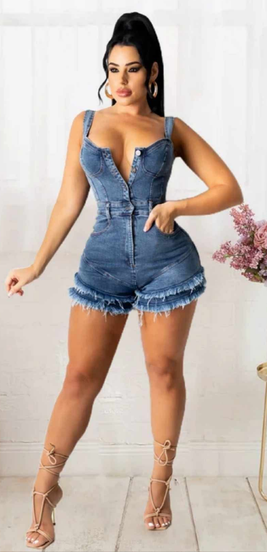 Sleeveless, ruffle denim romper