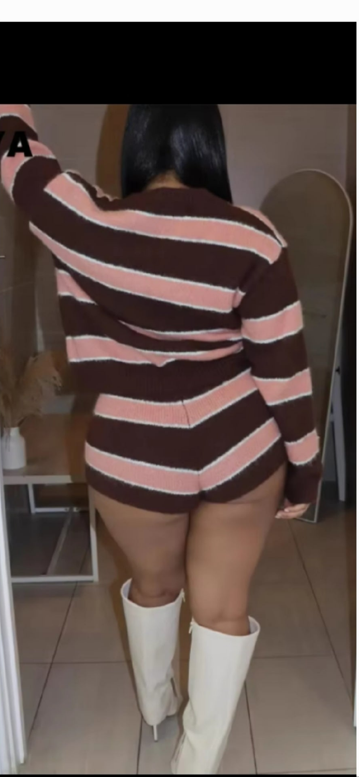 Pink Brown Sweater Short Set