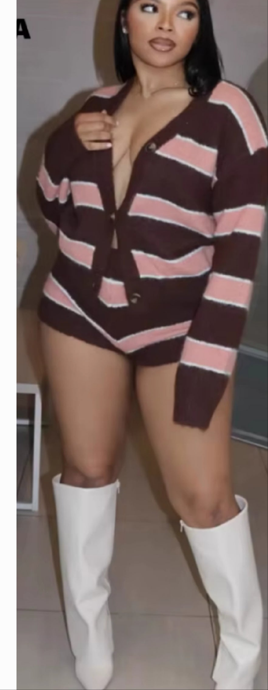 Pink Brown Sweater Short Set