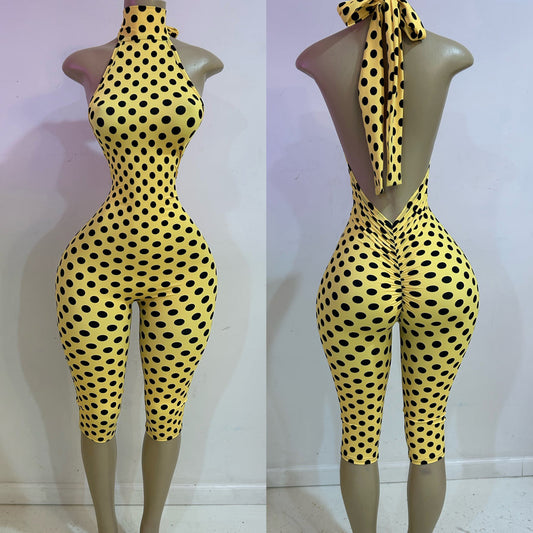 Yellow polka dot capri jumpsuit