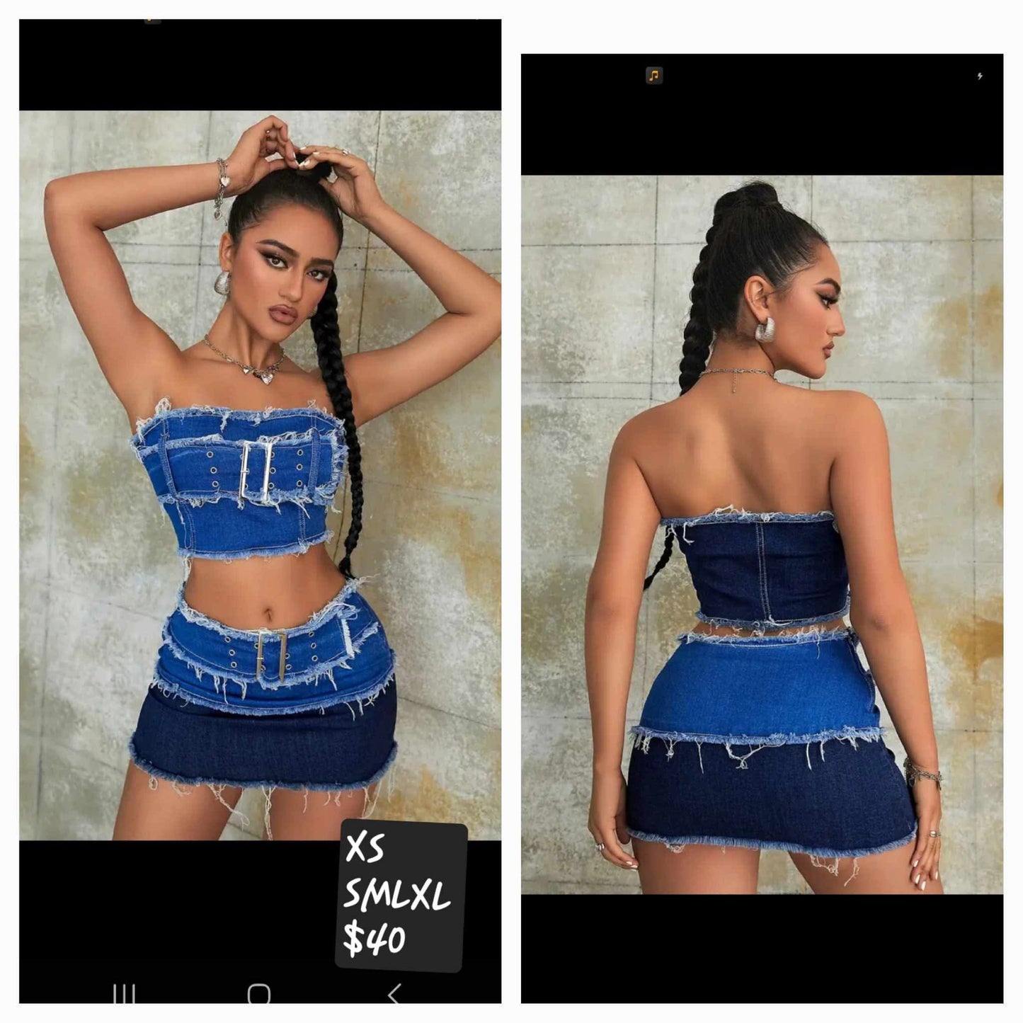 Denim two-tone belted top skirt set