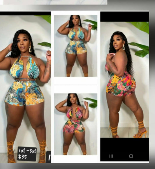 Tropical Bralette Short Set featuring colorful designs and model showcasing different angles of the outfit.