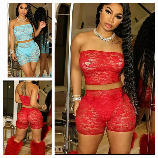 Lace short set featuring stylish red and blue colors, showcasing a trendy design perfect for casual outings.