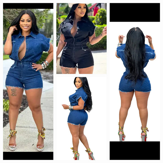 Denim Black Raw Hem Romper