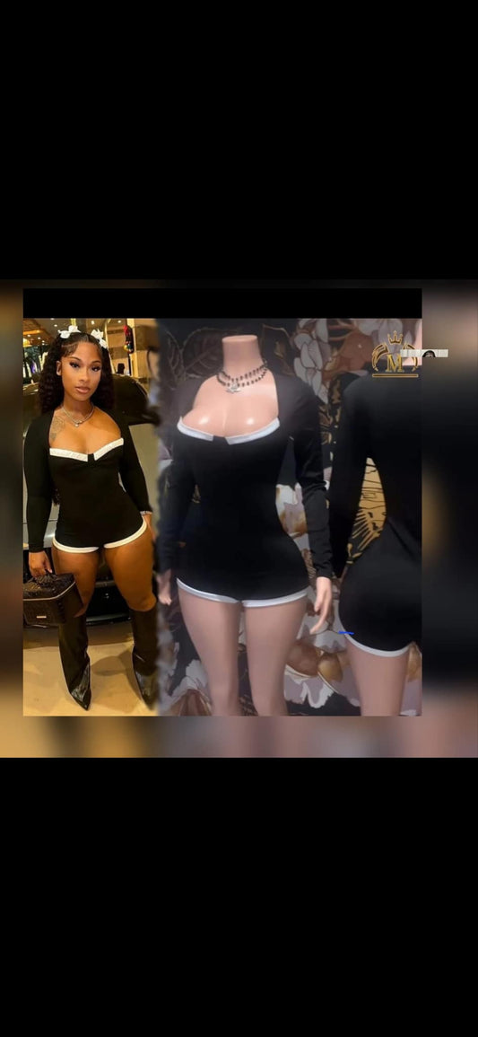 Long sleeve Black Romper white trim