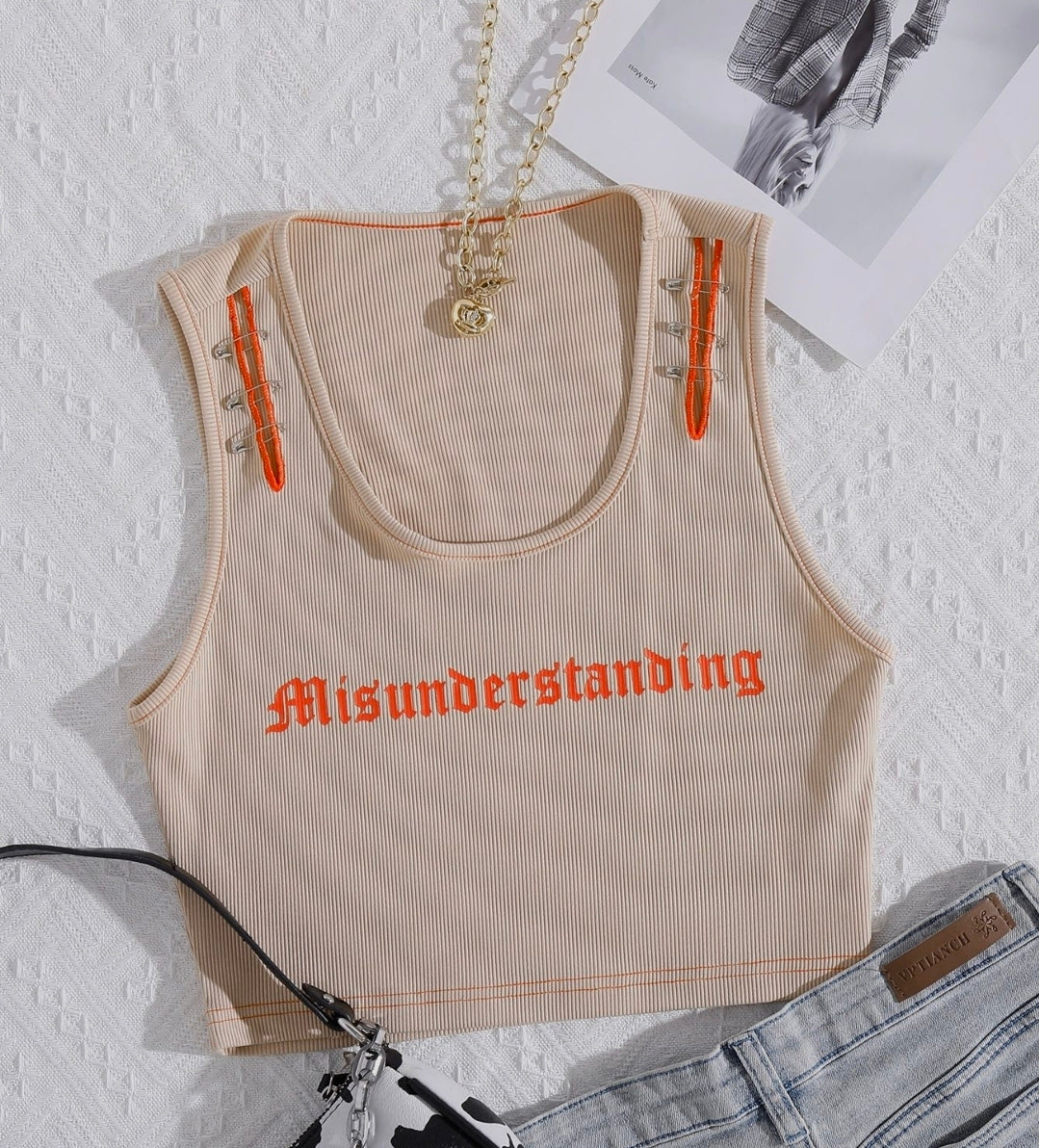 Ribbed Brown Graphic Junk Tee with Orange details