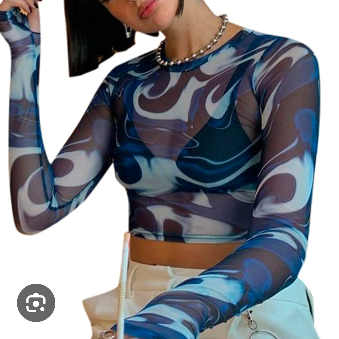 Mesh Long Sleeve Swirl Top