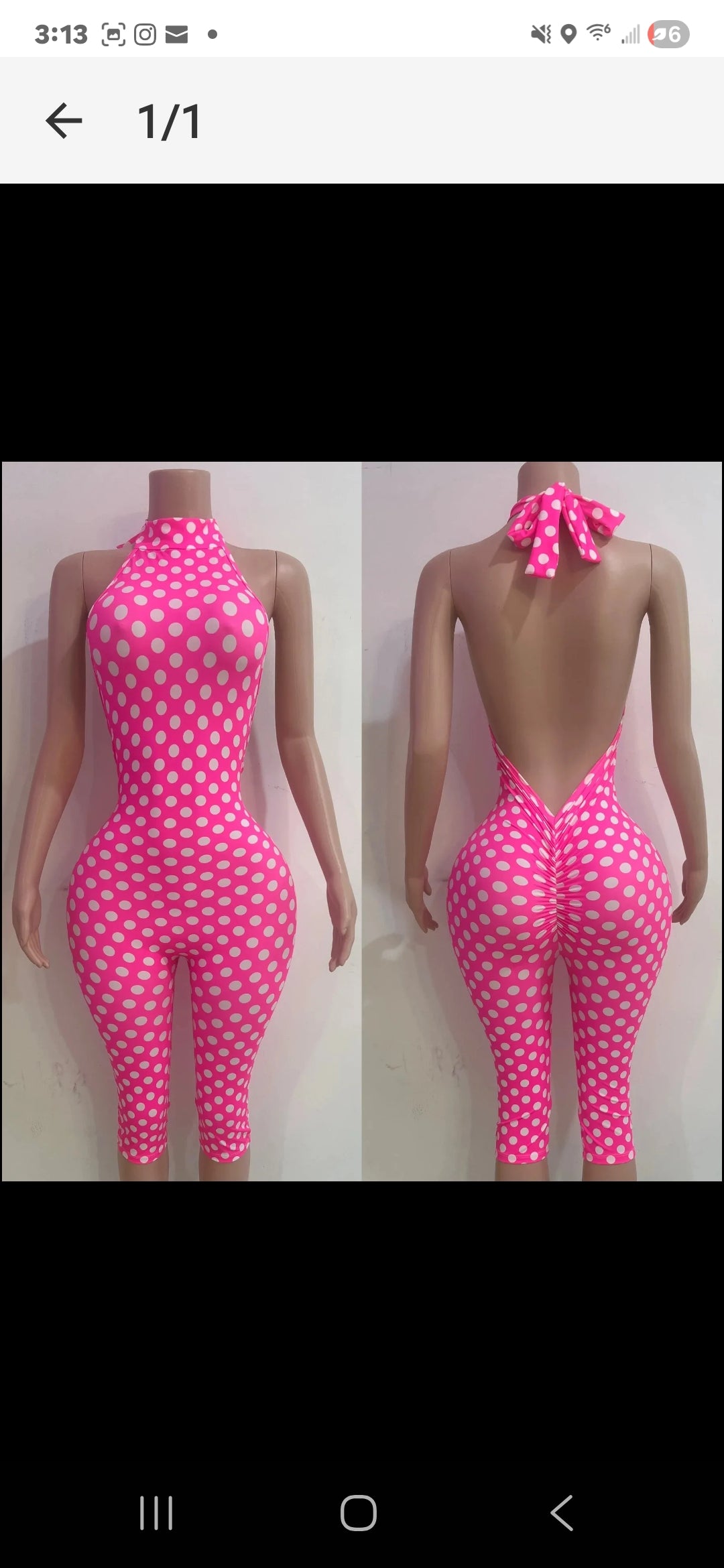 Polka Dot Capri Jumpsuit showcased on a mannequin, featuring a vibrant pink color and unique back design.