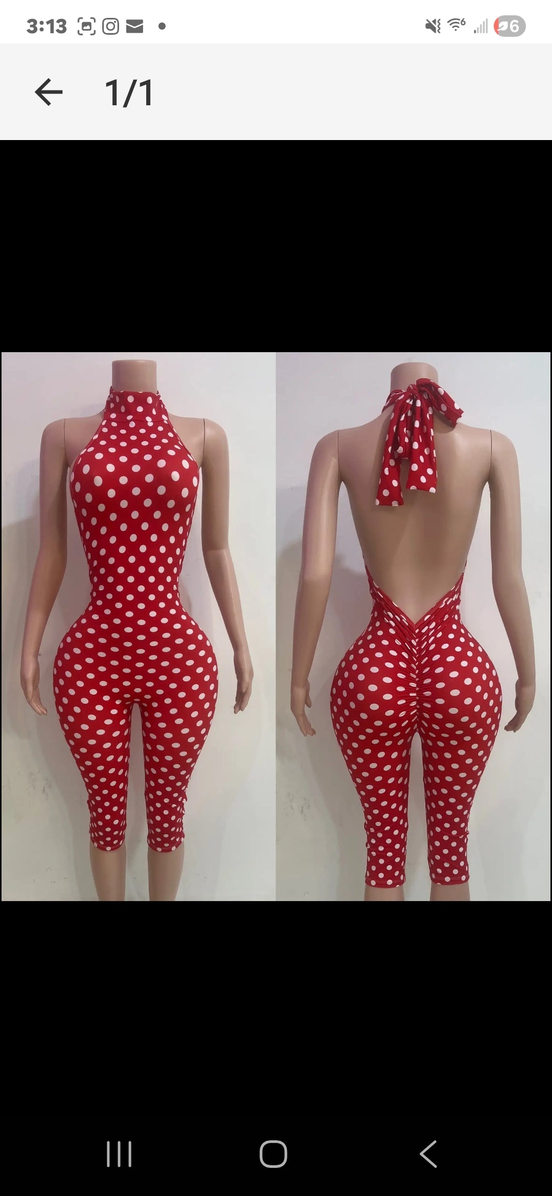 Polka Dot Capri Jumpsuit displayed on a mannequin showcasing front and back views with red and white polka dots.