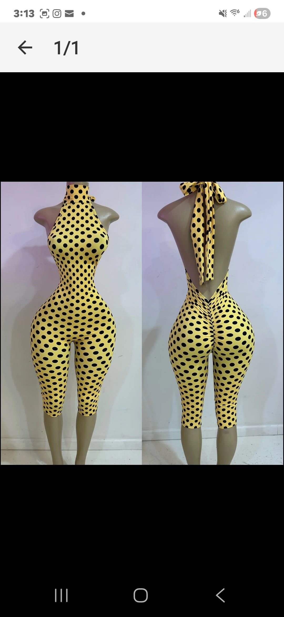 Polka Dot Capri Jumpsuit showcasing front and back views on a mannequin in yellow with black polka dots.