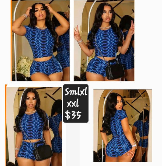 Geo print short set showcased in four images, featuring a blue geometric design, perfect for summer styling.