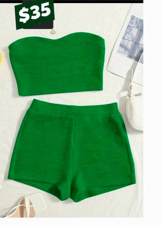 Knit Short Set Green featuring a strapless top and matching shorts, highlighting the green knit short set style.