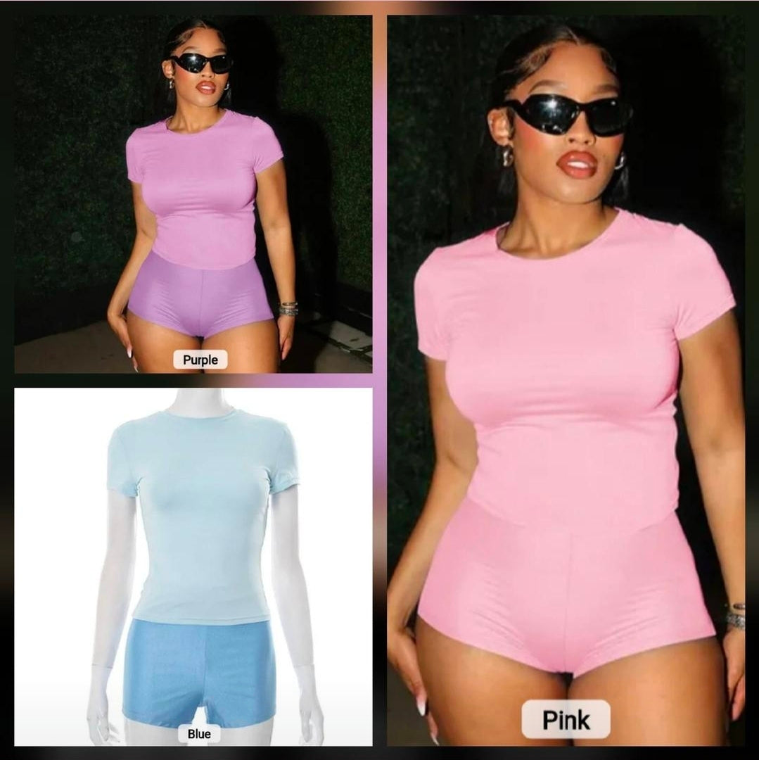 Pastel color chill short set featuring purple and pink options in limited stretch material.