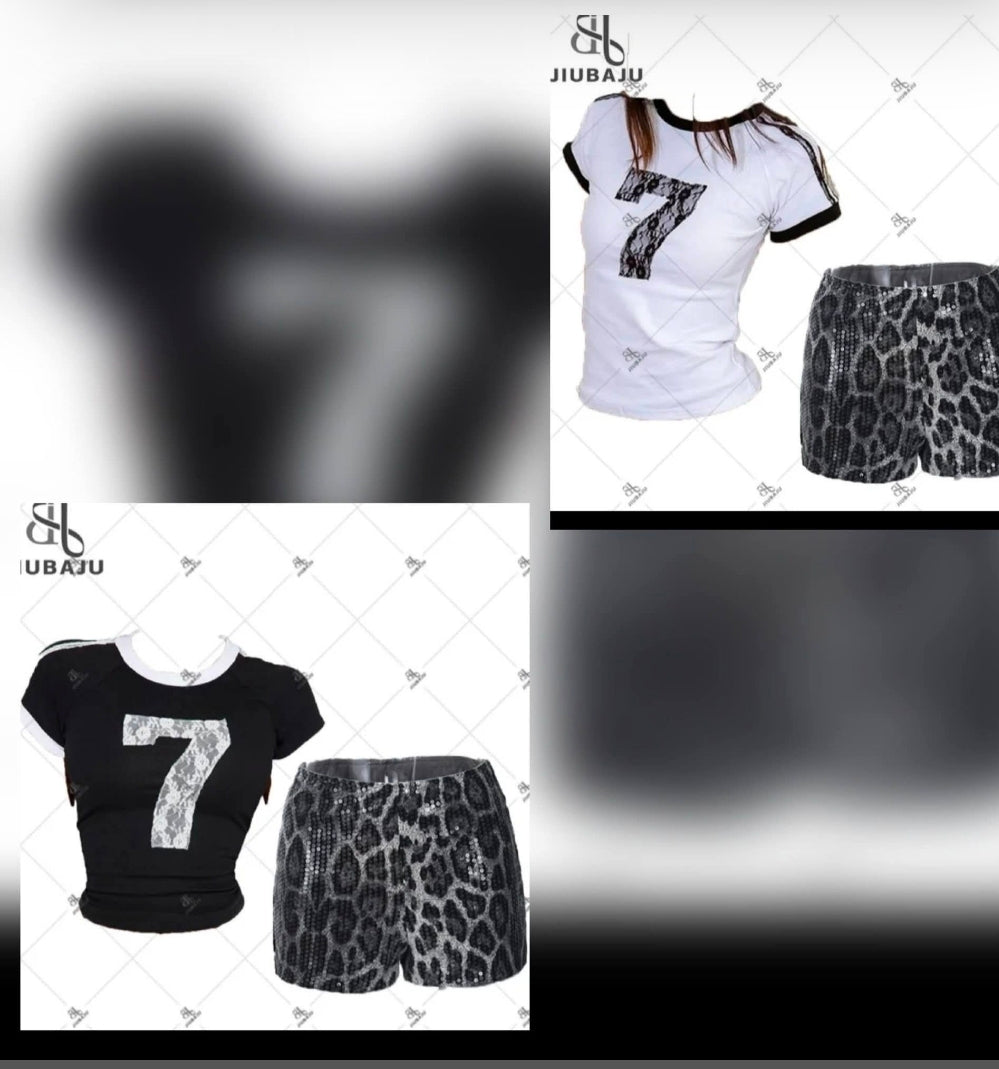 Graphic 7 short set featuring a black and white t-shirt and leopard print shorts.